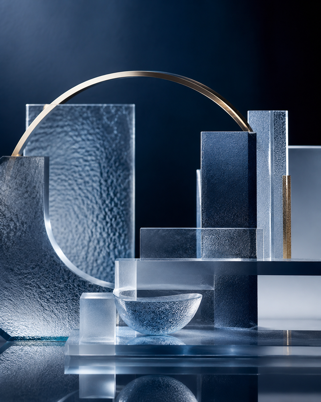 Abstrakte Glas- und Metallkomposition als Symbol für Kontinuität, Governance und Private Wealth – Bergt Law Liechtenstein